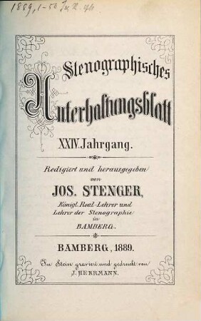 Stenographisches Unterhaltungsblatt : Bamberger Blätter in Einheitskurzschrift. 24. 1889