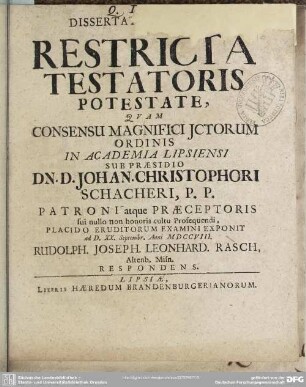 Dissertatio Iuridica De Restricta Testatoris Potestate