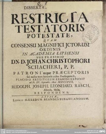 Dissertatio Iuridica De Restricta Testatoris Potestate