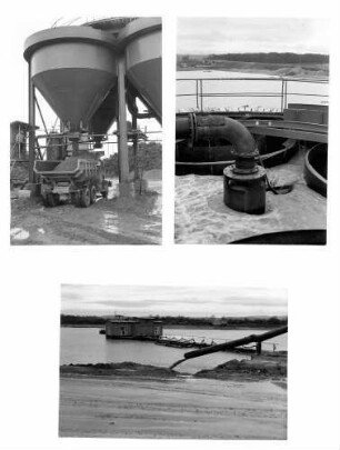 Erdlos 32, Seitenentnahme Teningen, Naßbaggerung, Saugbagger und Hochsilos, Die Hochsilos dienten der Entwässerung des stark schluffhaltigen Kiessands.