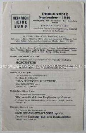 Programm des Heinrich-Heine-Bundes deutscher Emigranten in London für September 1946