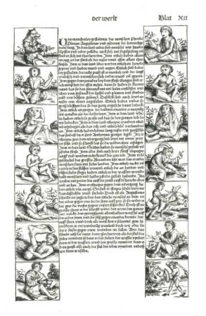 Das ander alter der Welt, Blatt XII. Textseite mit Holzschnitten (Abnormitäten), 44,0 x 32,0 cm. Aus: Hartmann Schedel, Buch der Chroniken (Weltchronik). Dresden, SLUB, Hist.univ.A.39 (Inc. 116,2)