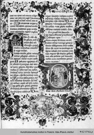 Brevier, mit Kalendarium : Buchseite mit Text, Bordüre sowie zwei historisierte Initialen F und D, darin Darstellungen zur Franziskuslegende