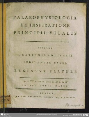 Palaeophysiologia De Inspiratione Principii Vitalis