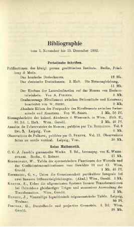 Bibliographie vom 1. November bis 15. December 1882.