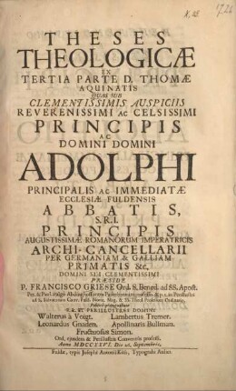 Theses theologicae ex tertia parte D. Thomae Aquinatis