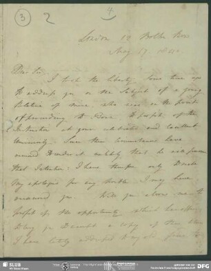 Eigenh. Brief von William Richard Hamilton an August Wilhelm von Schlegel, London, 17.05.1840