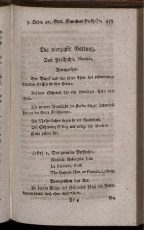 Die vierzigste Gattung. Das Perlhuhn.