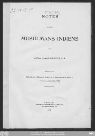 Notes sur les Musulmans Indiens