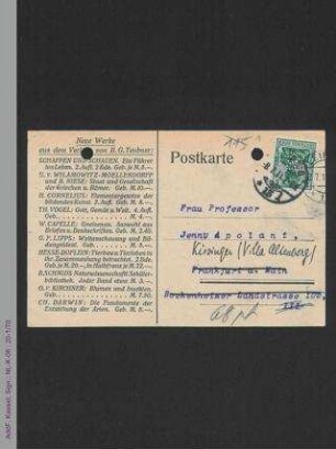 Postkarte vom Teubner-Verlag an Jenny Apolant