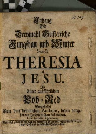 Die Dreymal Geist-reiche Jungfrau und Mutter Sanct Theresia à Jesu