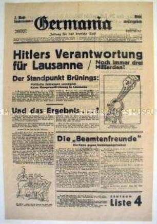 Sonderausgabe der konservativen Tageszeitung "Germania" zur Reichstagswahl am 31. Juli 1932