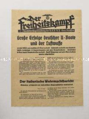 Nachrichtenblatt der sächsischen NSDAP-Zeitung "Der Freiheitskampf" über den deutschen Luftangriff in England und Nordschottland