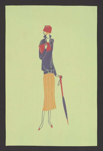Modezeichnung: Frau mit Hut und Schirm
