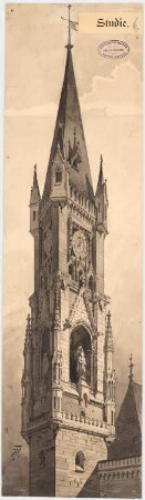Rathaus, Aachen Wiederaufbau der Rathaustürme: Perspektivische Ansicht des Turmes (Studie 6)
