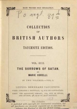 The sorrows of Satan or The strange experience of one Geoffrey Tempest, millionaire : a romance ; in two volumes, 2