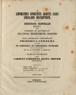De lipomatibus congenitis: adjecta casus singularis descriptione : Diss. inaug. med.