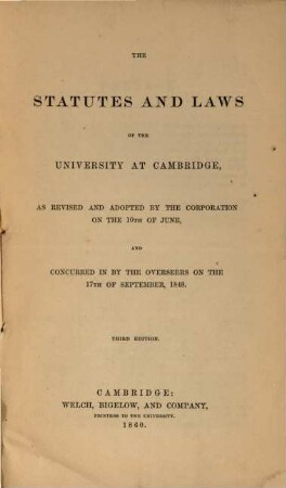 Statutes and laws of the University in Cambridge, Massachusetts, [4.] 1860 = 3. Edition