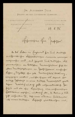 Nr. 2 Brief von Alexander Tille an Edward Schröder. Kessenich (Bonn), 29.8.1896