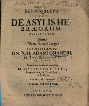 Âre-Miqulâth, Sive De Asylis Hebraeorum, Dissertatio