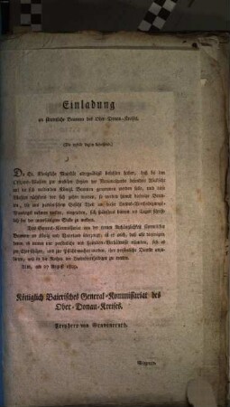 Einladung an sämmtliche Beamten des Ober-Donau-Kreises : (Die mobile Legion betreffend) ; Ulm, am 27. August 1809
