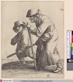[Ein Junge führt eine blinde Bettlerin mit einem Stock; A boy leading a blind beggar woman by a stick, seen in profile and walking towards left]
