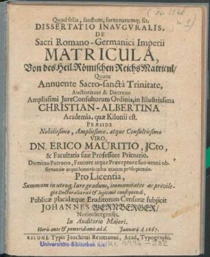 Dissertatio Inauguralis, De Sacri Romano-Germanici Imperii Matricula