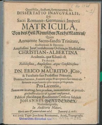 Dissertatio Inauguralis, De Sacri Romano-Germanici Imperii Matricula