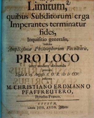 Limitum, quibus Subditorum erga Imperantes terminatur fides, Inquisitio generalis