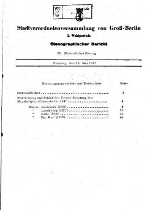 Nr. 29, 13. Mai 1947, Ordentliche Sitzung