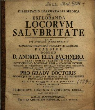Dissertatio Inavgvralis Medica De Exploranda Locorvm Salvbritate