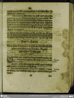 Das 60. Capitel. Von den Meteoris so sich in der Lufft begeben, als erstlich von Wolcken, Regen und etlichen Wässerigen meteoren