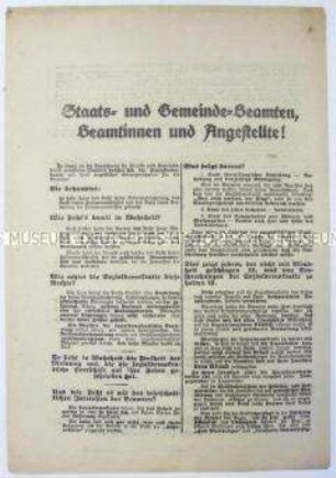 Propagandaflugblatt der DNVP für erweiterte Rechte der Staatsangestellten, verbunden mit Wahlaufruf