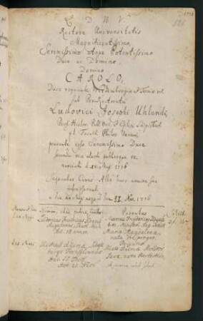 Sommerhalbjahr 1776. Rektorat Karl Eugen Herzog von Württemberg (Prorektor: Ludwig Joseph Uhland)