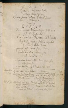 Sommerhalbjahr 1776. Rektorat Karl Eugen Herzog von Württemberg (Prorektor: Ludwig Joseph Uhland)