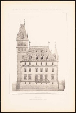 Jagdschloss: Ansicht (aus: Baukunst der Renaissance, Entwürfe von Studirenden unter Leitung von J. C. Raschdorff, I. Jahrgang, Berlin 1880)