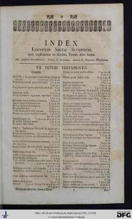 Index Locorum Sacrae Scripturae, quae explicantur in duobus Tomis libri hujus.