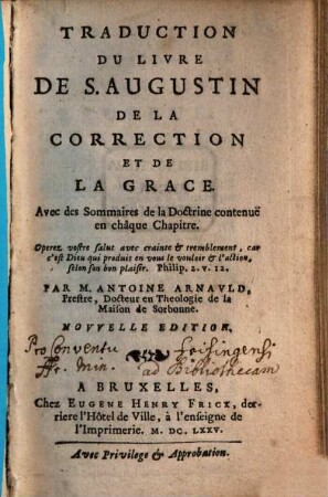 Traduction Du Livre De S. Augustin De La Correction Et De La Grace