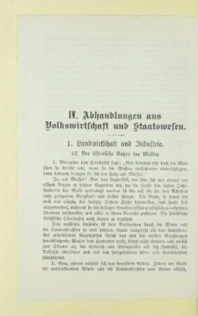 IV. Abhandlungen aus Volkswirtschaft und Staatswesen