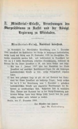 B. Ministerial-Erlasse, Verordnungen des Oberpräsidiums zu Kassel und der königl. Regierung zu Wiesbaden.