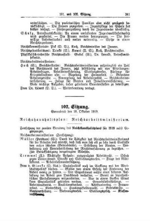 102. Sitzung. Sonnabend den 18. Oktober 1919