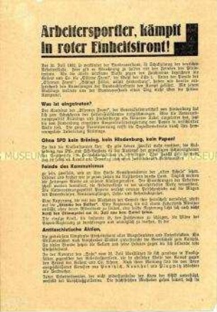 Propagandaflugblatt der KPD zur Reichstagswahl am 31. Juli 1932 mit Ausrichtung auf die Arbeitersportler