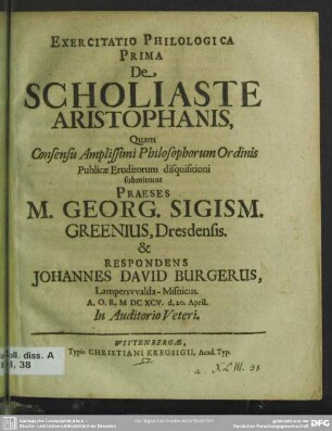 1: Exercitatio Philologica ... De Scholiaste Aristophanis