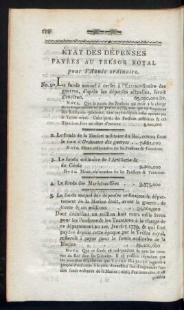Etat des Depenses Payèes au Trèsor Royal pour l' Annèe ordinaire