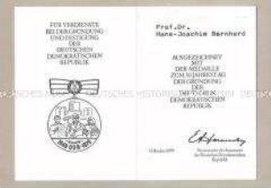 Verleihungsurkunde zur Medaille zum 30. Jahrestag der Gründung der Deutschen Demokratischen Republik