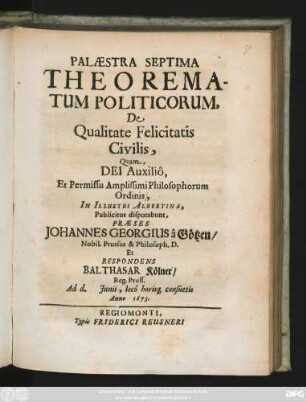 Palaestra Septima Theorematum Politicorum, De Qualitate Felicitatis Civilis,