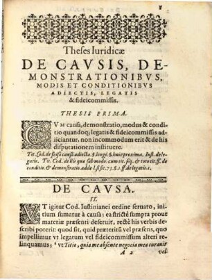 Theses Iuridicae De Cavsis, Demonstrationibvs, Modis Et Conditionibvs Adiectis, Legatis Et Fideicommissis : Ex Tit. XLIV. XLV. & XLVI. Cod. §. huic proxima §. longe Inst. de lega. Tit. I. lib. XXXV. ff.