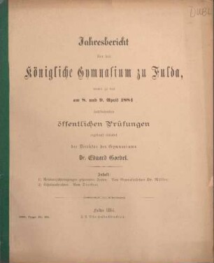 1884: Jahresbericht über das Königliche Gymnasium zu Fulda