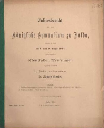 1884: Jahresbericht über das Königliche Gymnasium zu Fulda