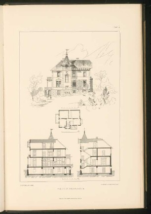 Villa, Offenburg: Grundriss, Schnitte und Ansicht (aus: Stadt- und Landhäuser, hrsg. von Ernst Wasmuth, Berlin 1894)